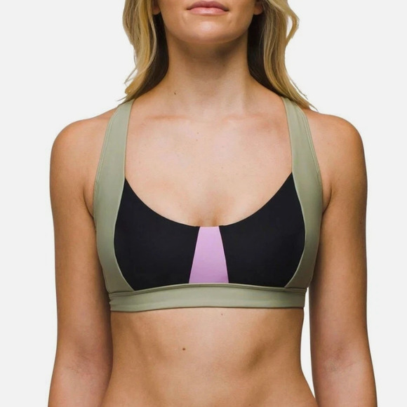 Prana Swimsuit Top Womens Medium Tulum Black Color Block Swimsuit Pink Olive - Picture 1 of 6
